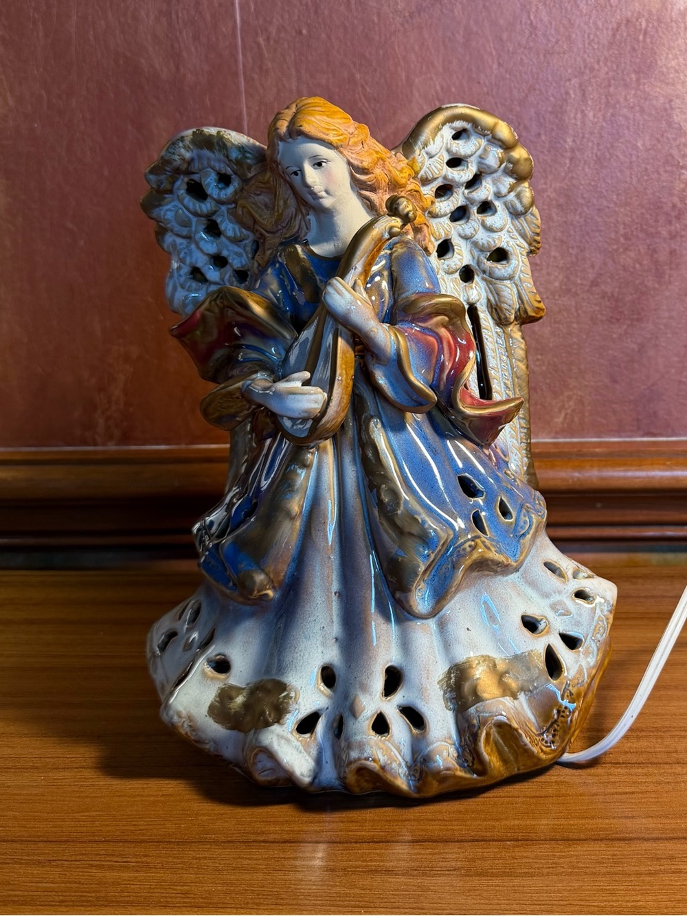 Vintage Ceramic Angel Lamp Pierced Night Light Hand Painted Christmas 9” Tall